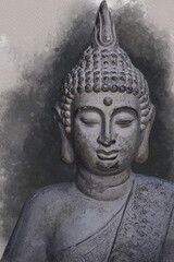 Watercolor painting of a buddha statue, sign for peace and wisdom