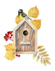 Watercolor illustration of wooden birdhouse with titmouse and autumn leaves