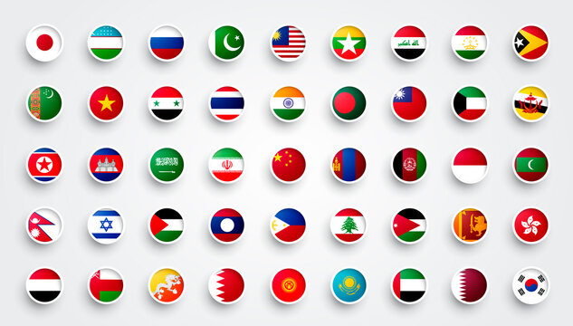 Vector Illustration Giant Asia Button Flag Set