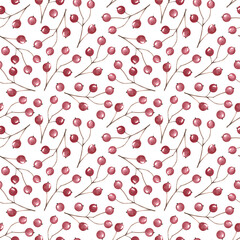 Watercolor botanical Red berries seamless pattern. Hand drawing element. object Isolated on white background. For holidays card, winter poster, banner, wallpaper, wrapping paper,design.