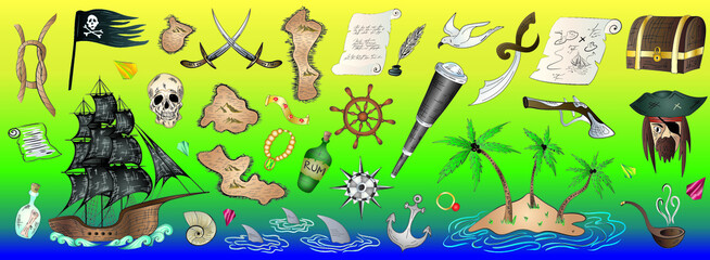 Pirate doodle set collection elements on bright background. Cartoon style vector illustration.