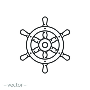 ship steering wheel icon, rudder old boat, sea sailing navy logo, thin line symbol on white background - editable stroke vector illustration eps10