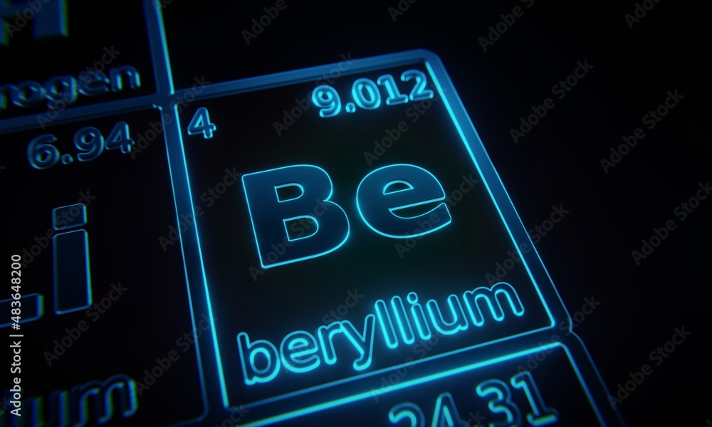 Aufkleber focus on chemical element beryllium illuminated in periodic table of elements. 3d rendering