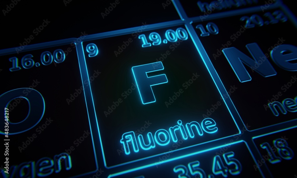 Poster focus on chemical element fluorine illuminated in periodic table of elements. 3d rendering