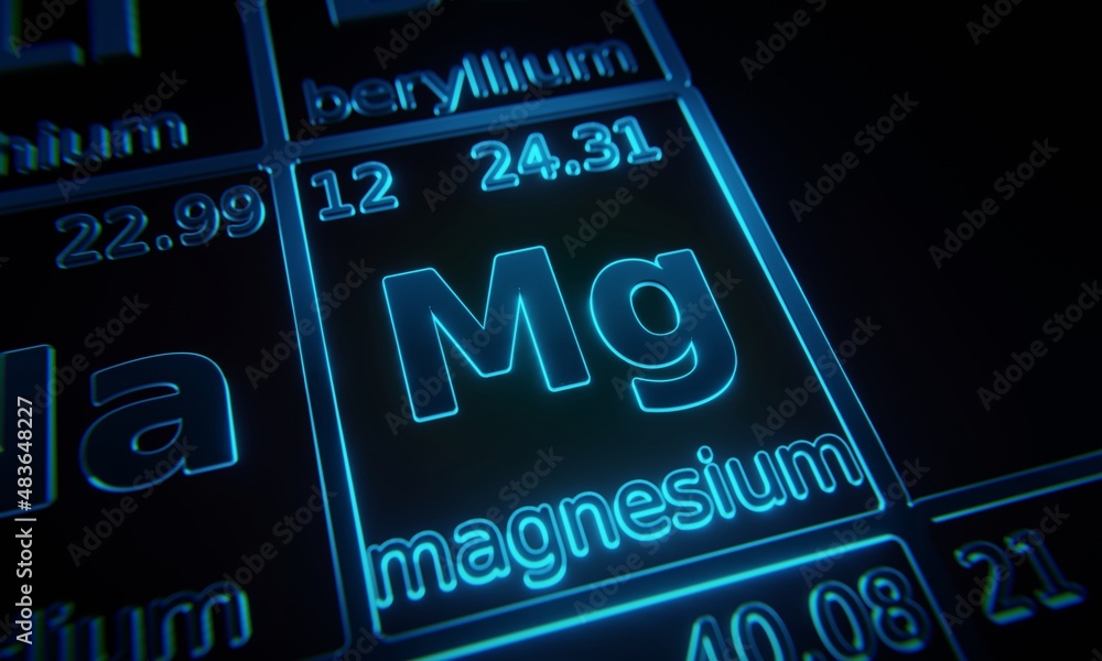 Poster focus on chemical element magnesium illuminated in periodic table of elements. 3d rendering