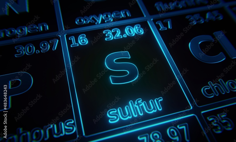 Poster focus on chemical element sulfur illuminated in periodic table of elements. 3d rendering