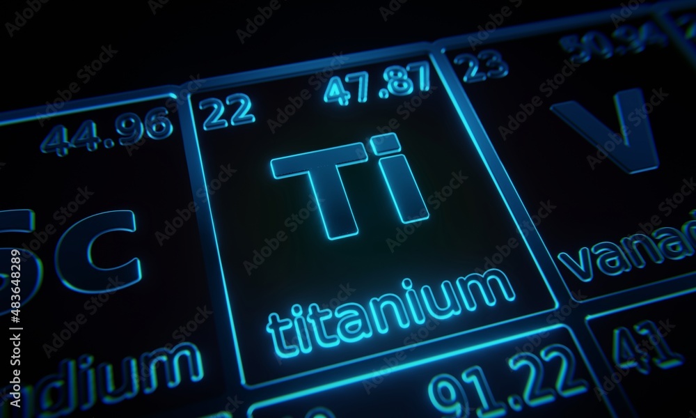 Aufkleber focus on chemical element titanium illuminated in periodic table of elements. 3d rendering