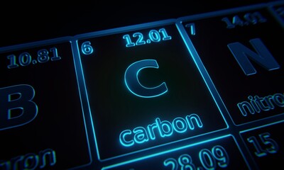 Focus on chemical element Carbon illuminated in periodic table of elements. 3D rendering