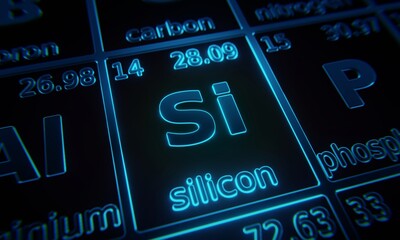 Focus on chemical element Silicon illuminated in periodic table of elements. 3D rendering