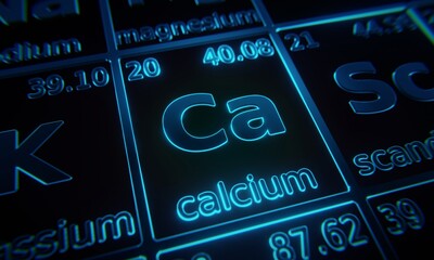 Focus on chemical element Calcium illuminated in periodic table of elements. 3D rendering