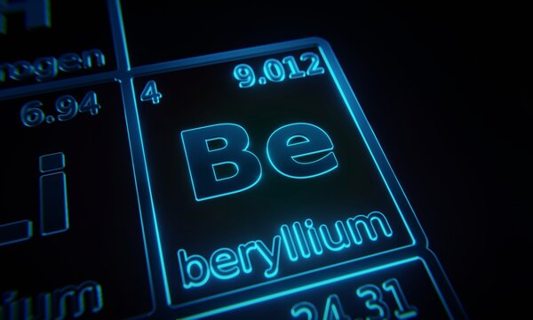 Focus on chemical element Beryllium illuminated in periodic table of elements. 3D rendering