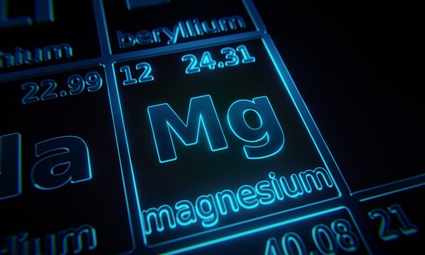 Focus on chemical element Magnesium illuminated in periodic table of elements. 3D rendering