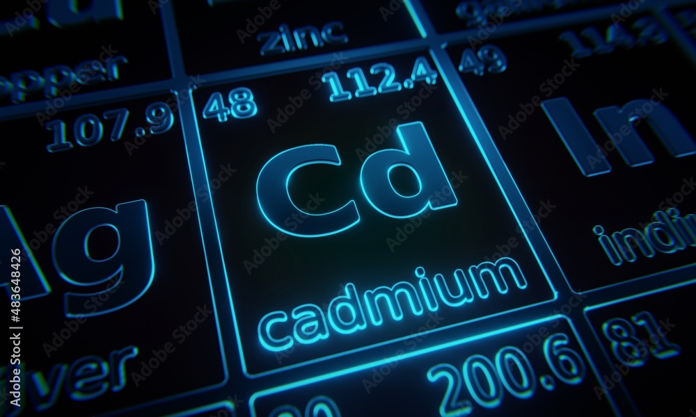 Poster focus on chemical element cadmium illuminated in periodic table of elements. 3d rendering