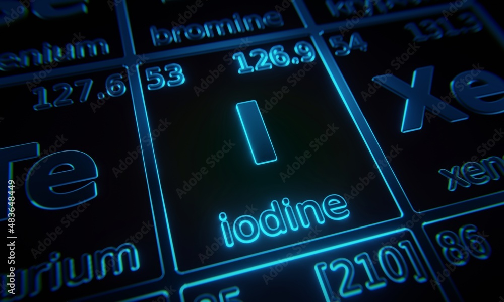Poster focus on chemical element iodine illuminated in periodic table of elements. 3d rendering