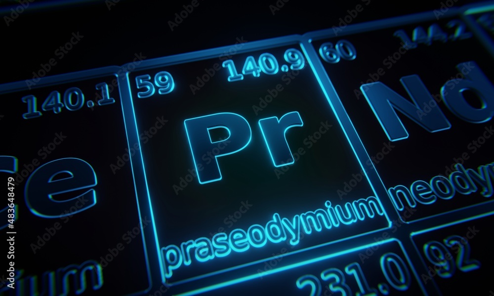 Poster focus on chemical element praseodymium illuminated in periodic table of elements. 3d rendering