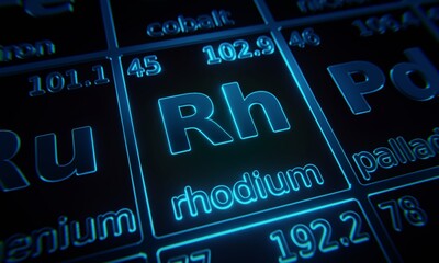 Focus on chemical element Rhodium illuminated in periodic table of elements. 3D rendering