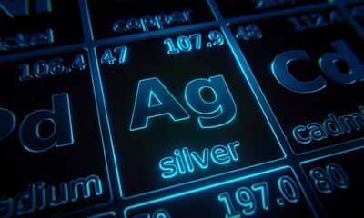 Focus on chemical element Silver illuminated in periodic table of elements. 3D rendering - obrazy, fototapety, plakaty