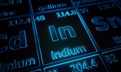 Focus on chemical element Indium illuminated in periodic table of elements. 3D rendering