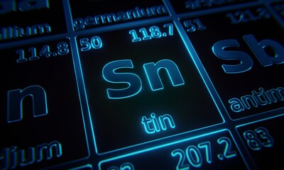 Focus on chemical element Tin illuminated in periodic table of elements. 3D rendering