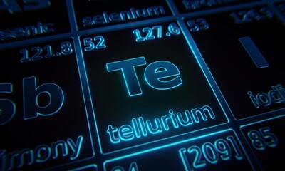 Focus on chemical element Tellurium illuminated in periodic table of elements. 3D rendering