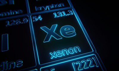 Focus on chemical element Xenon illuminated in periodic table of elements. 3D rendering