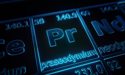 Focus on chemical element Praseodymium illuminated in periodic table of elements. 3D rendering