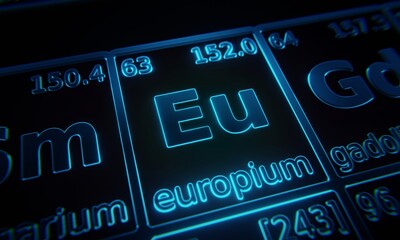 Focus on chemical element Europium illuminated in periodic table of elements. 3D rendering