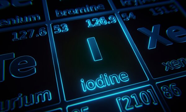 Focus on chemical element Iodine illuminated in periodic table of elements. 3D rendering
