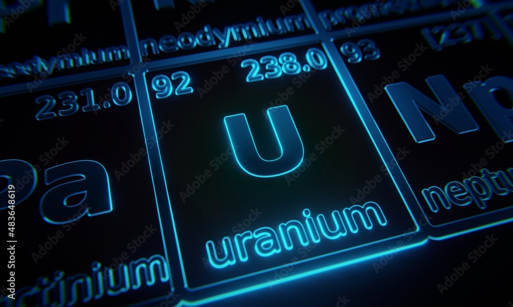 Poster focus on chemical element uranium illuminated in periodic table of elements. 3d rendering