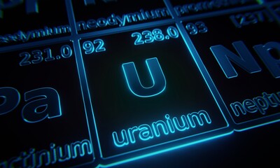 Focus on chemical element Uranium illuminated in periodic table of elements. 3D rendering - obrazy, fototapety, plakaty