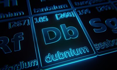 Focus on chemical element Dubnium illuminated in periodic table of elements. 3D rendering