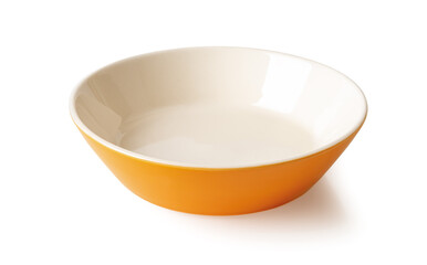 Empty porcelain bowl isolated on a white background. Orange beige ramekin close-up. Empty crockery for food design. Modern clay, ceramics or porcelain dishes and tableware.