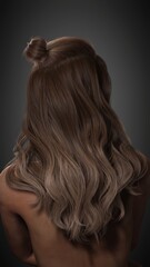 Fototapeta premium Portrait of a beautiful posing young brunette woman with salon design hair. Back view. Side view. Thick hair women's fashion. Haircare. 3D rendering. 