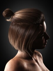 Portrait of a beautiful posing young brunette woman with salon design hair. Back view. Side view. Thick hair women's fashion. Haircare. 3D rendering.
