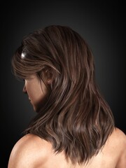 Naklejka premium Portrait of a beautiful posing young brunette woman with salon design hair. Back view. Side view. Thick hair women's fashion. Haircare. 3D rendering. 