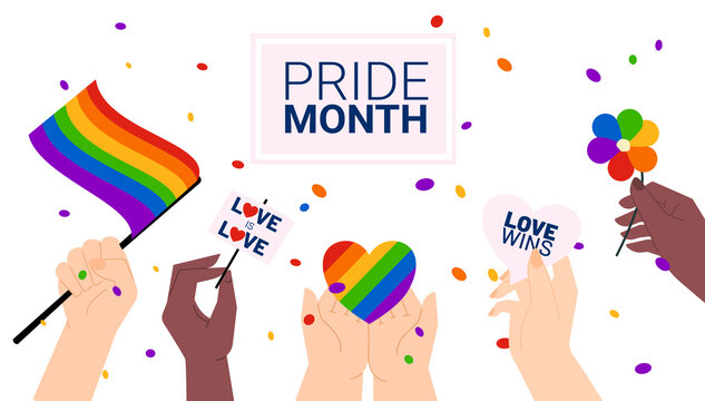 Pride month celebration vector illustration concept. Multinational hands with rainbow flag, heart and signs. Template for website banner, advertising campaign or news article.