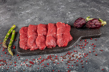 Steak raw. Barbecue Rib Eye Steak, dry Aged Wagyu Entrecote. Variety of Raw Black Angus Prime meat...