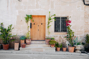 Fototapeta na wymiar Large wooden front door with oleander plants in pots. House by the lake in Italy, Greece or Spain. Entrance door nicely decorated with plants and flowers.