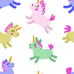 Obraz na płótnie Canvas Hand drawn seamless pattern with colorful unicorns. Perfect for T-shirt, textile and print. Doodle vector illustration for decor and design. 