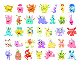 Collection of unusual cute monsters. Fictional quirky characters.