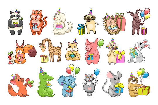 Collection of cute animals with gifts and balloons. Birthday illustrations.