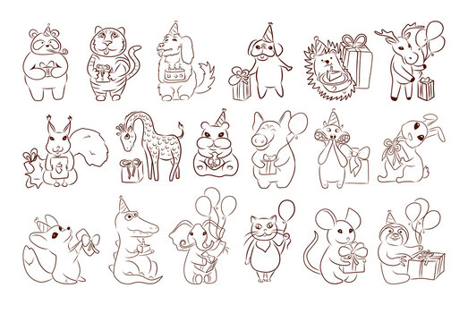 Illustrations with celebrating animals in sketch style. Set of animals with gifts and balloons.
