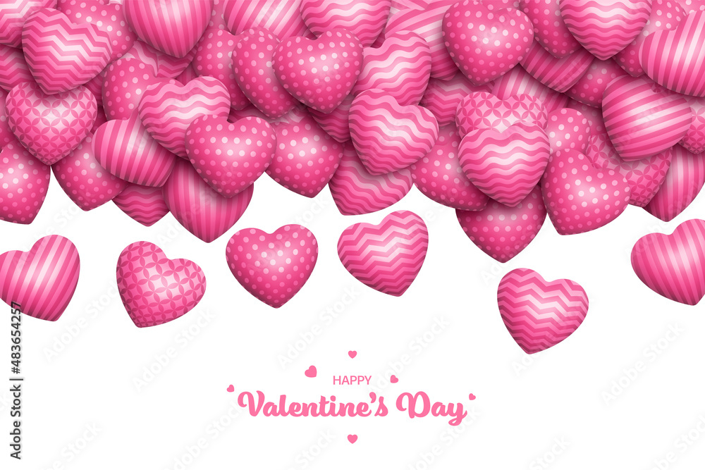Poster realistic scattered falling pink 3d heart vector. various patterned three dimensional shiny rounded 