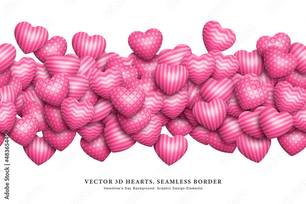 Aufkleber realistic scattered pink 3d heart vector seamless border. various patterned three dimensional shiny 