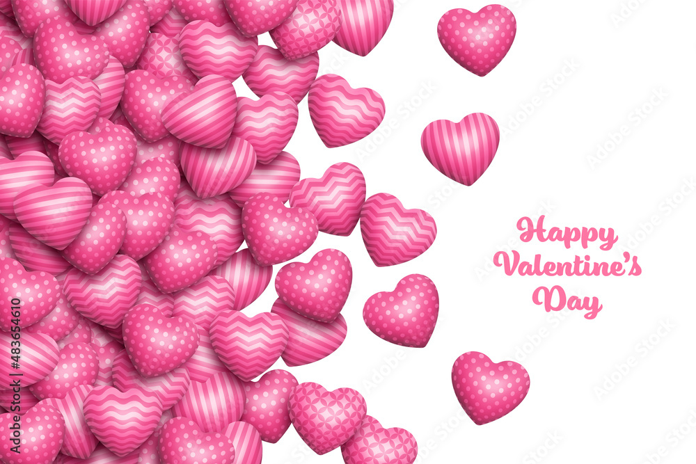 Poster realistic scattered pink 3d render hearts vector border. various patterned three dimensional shiny r