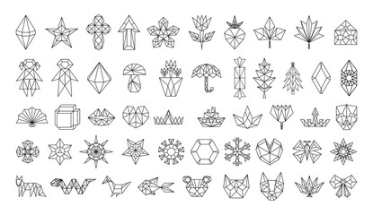 Collection of polygonal linear icons isolated on white background.