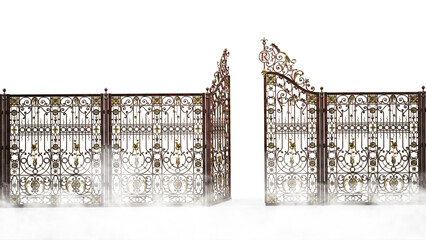 Luxurious open iron gate with fog, isolated on white, 3d rendering, 3d illustration 