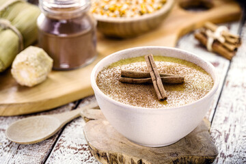 Brazilian sweet corn, called curau, served with cinnamon. Typical capiria food from Minas Gerais and June parties
