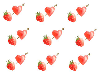 Cute pattern of hearts and strawberries on a white background.
