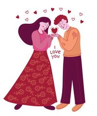 Happy lover man and woman holding a heart symbols. Happy Valentine's day.  Greeting card
